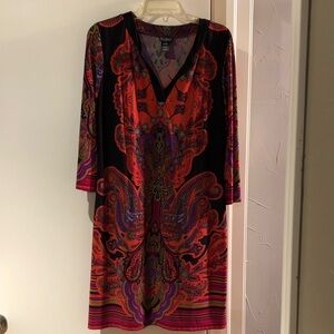 Soho Apparel Black Orange Magenta and Purple Medallion V-Neck Midi Dress size 12